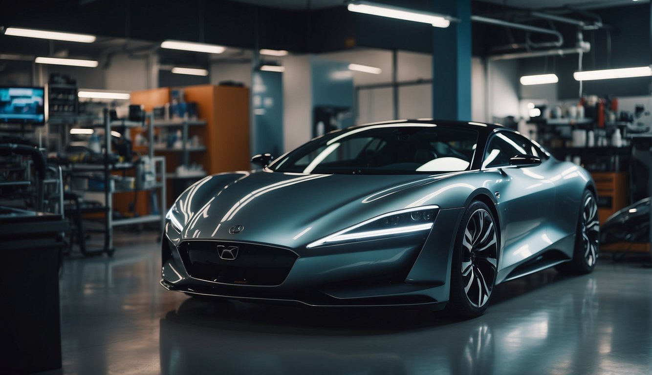 A sleek, futuristic car sits in a brightly lit detailing shop, surrounded by high-tech equipment and cutting-edge cleaning products