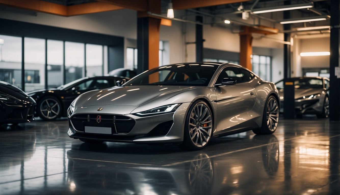 A sleek, modern auto detailing shop with cutting-edge equipment and technology. A line of luxury cars waits for meticulous cleaning and detailing services