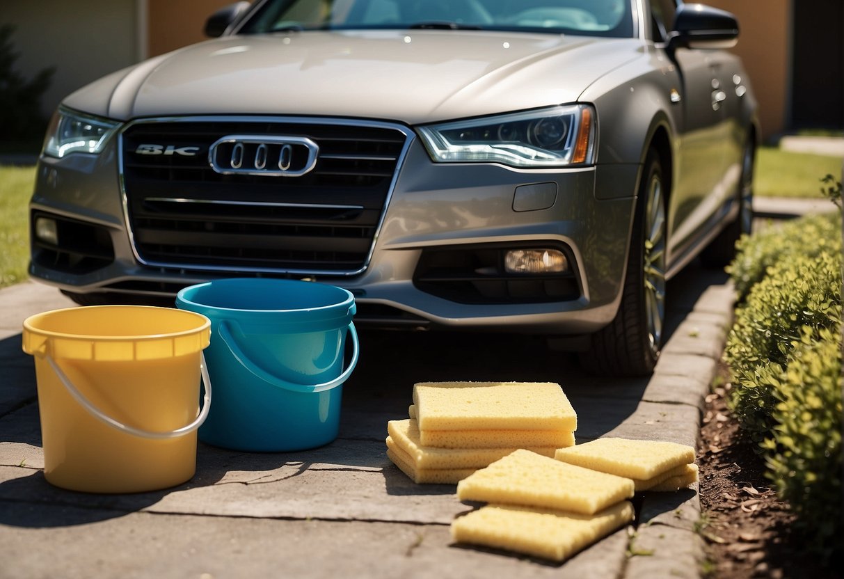 A car parked in a driveway, surrounded by buckets, sponges, and cleaning products. A hose is connected to a water source, and the sun is shining down on the vehicle