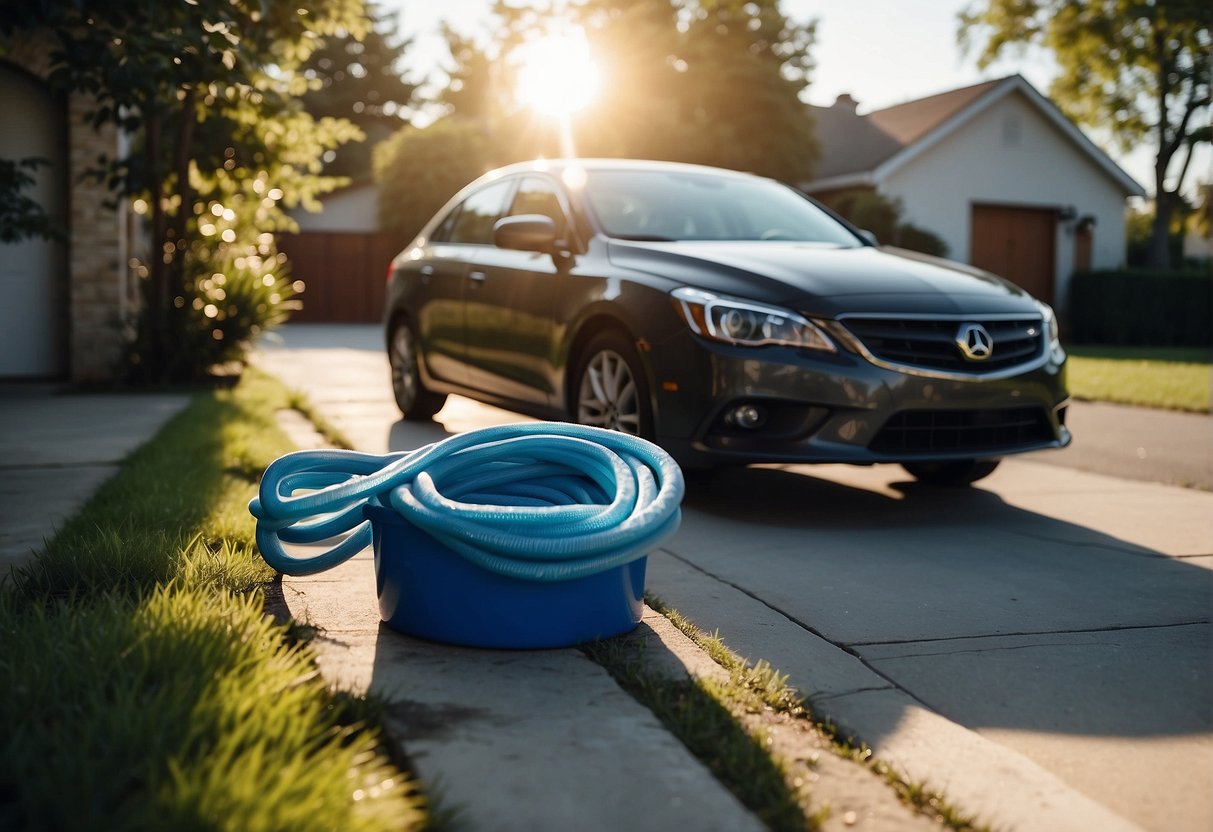 A car parked in a driveway with water hose, bucket, soap, and towels nearby. Sun shining on the vehicle, emphasizing the need for exterior cleaning and detailing