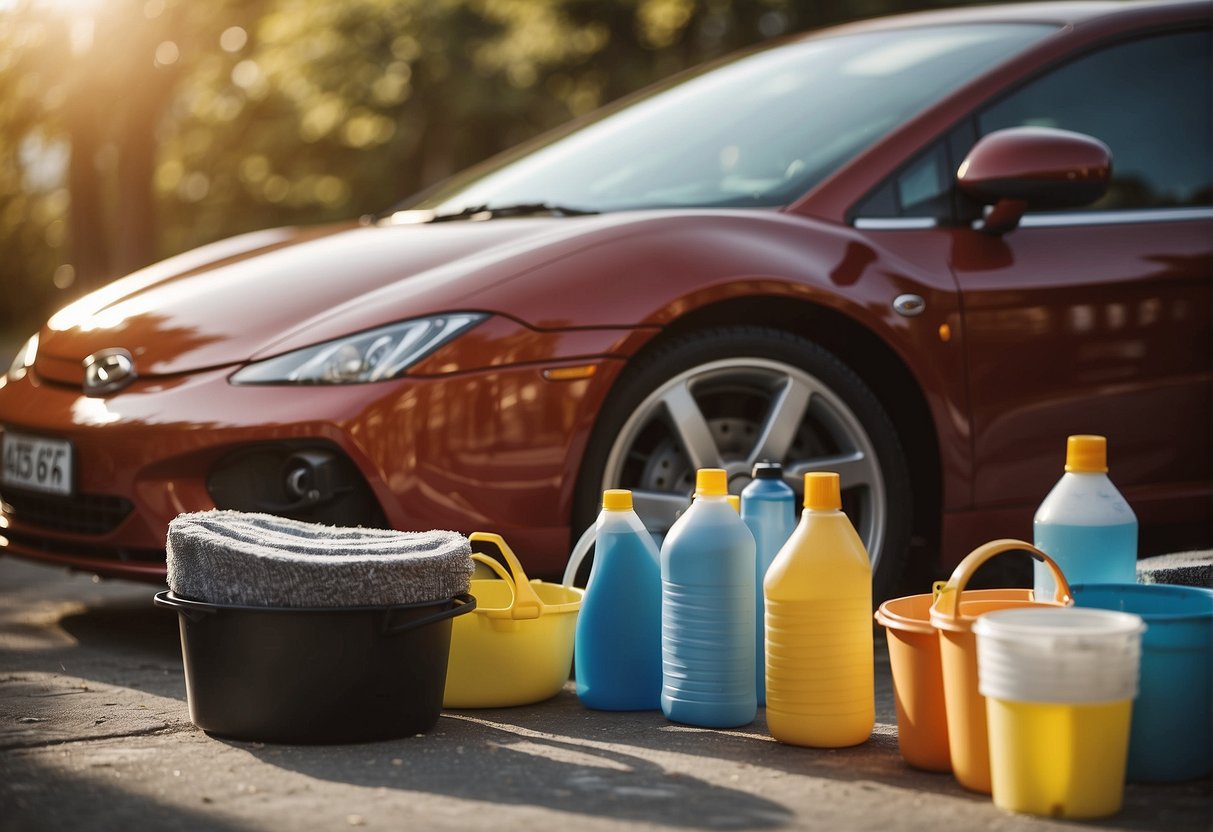 A car parked in a driveway, surrounded by buckets, sponges, and cleaning supplies. The sun is shining, and the car's paint gleams in the light
